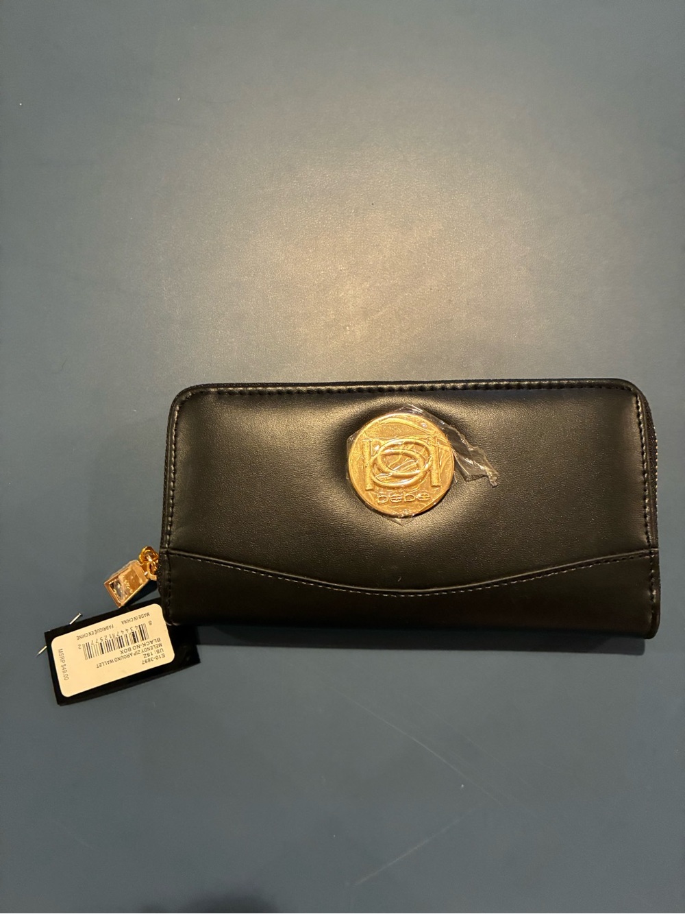 bebe Black Wallet with Gold Medallion